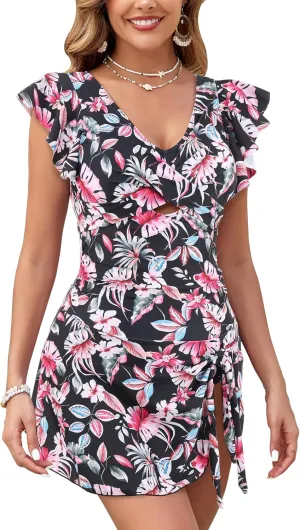 Women's One Piece Swimdress Swimsuit Tummy Control Ruffle Swim Dress Skirt Criss Cross Tie Back Bathing Suit