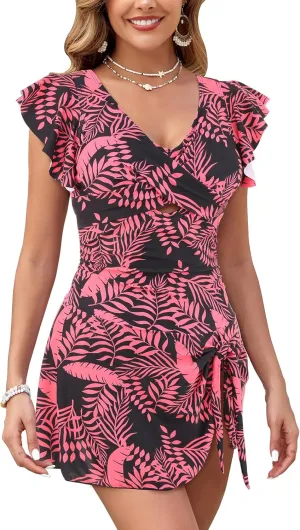 Women's One Piece Swimdress Swimsuit Tummy Control Ruffle Swim Dress Skirt Criss Cross Tie Back Bathing Suit