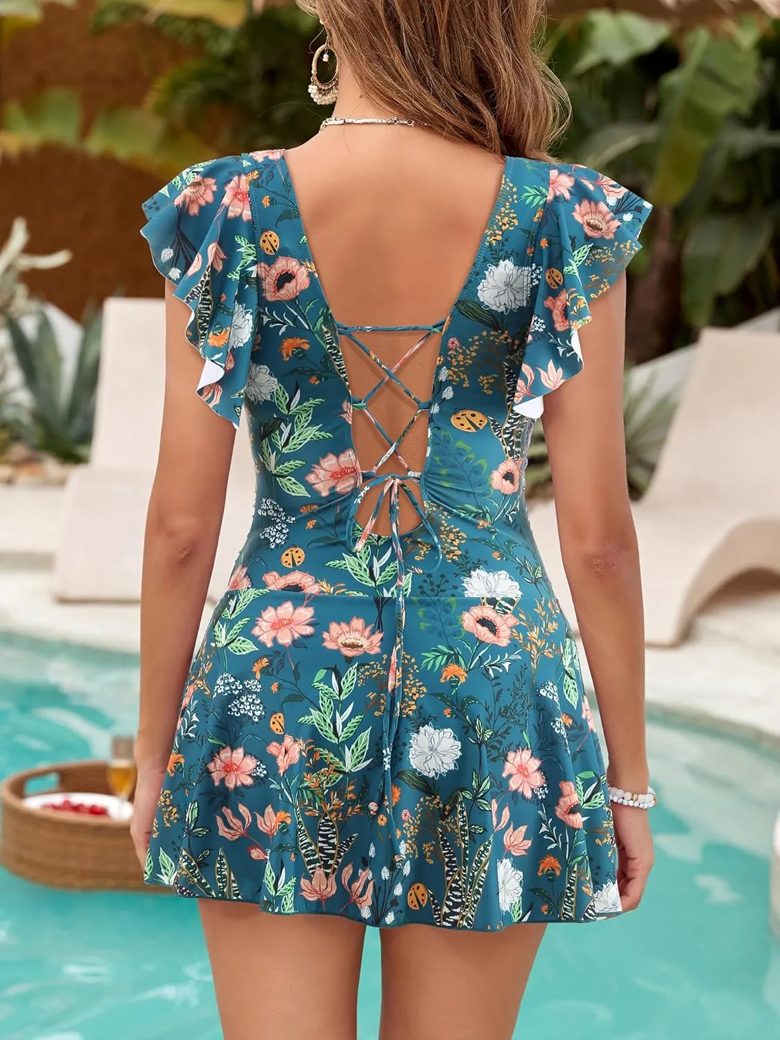 Women's One Piece Swimdress Swimsuit Tummy Control Ruffle Swim Dress Skirt Criss Cross Tie Back Bathing Suit