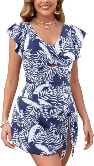 Women's One Piece Swimdress Swimsuit Tummy Control Ruffle Swim Dress Skirt Criss Cross Tie Back Bathing Suit
