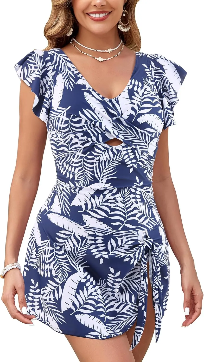 Women's One Piece Swimdress Swimsuit Tummy Control Ruffle Swim Dress Skirt Criss Cross Tie Back Bathing Suit