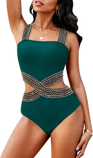 Womens One Piece Tummy Control Swimsuit Modest High Waisted Bathing Suit Color Block Bandeau Monokini Sexy Cutout