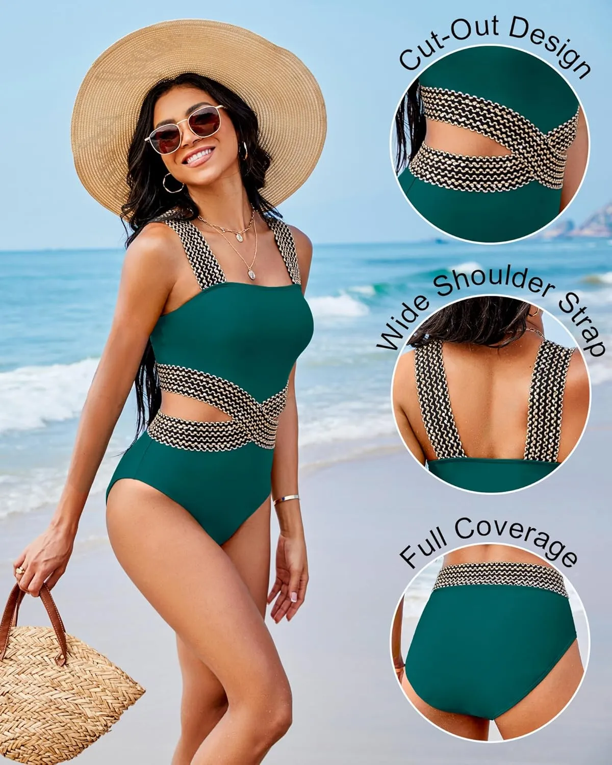 Womens One Piece Tummy Control Swimsuit Modest High Waisted Bathing Suit Color Block Bandeau Monokini Sexy Cutout