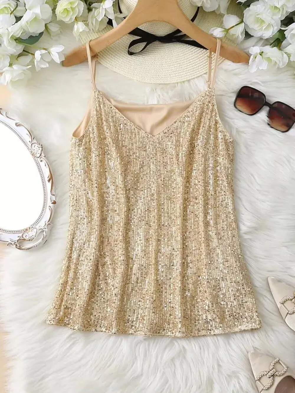 Womens Sequin Sparkle Tank Tops Fashion V Neck Strappy Shimmer Camisole Sleeveless Tanks Tops 1815
