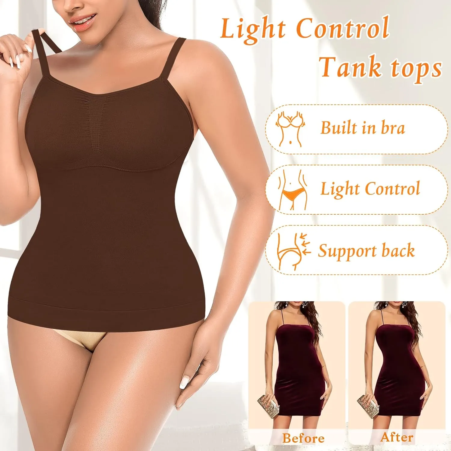 Womens Shapewear Tank Tops with Built in Bra Tummy Control Cami Shaper Compression Shaping Tops