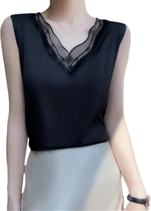 Women's Silk Sling Vest Loose Summer Bottoming Satin Camisole Lace V-Neck Sleeveless Top
