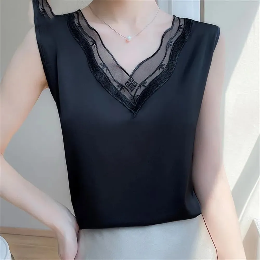 Women's Silk Sling Vest Loose Summer Bottoming Satin Camisole Lace V-Neck Sleeveless Top