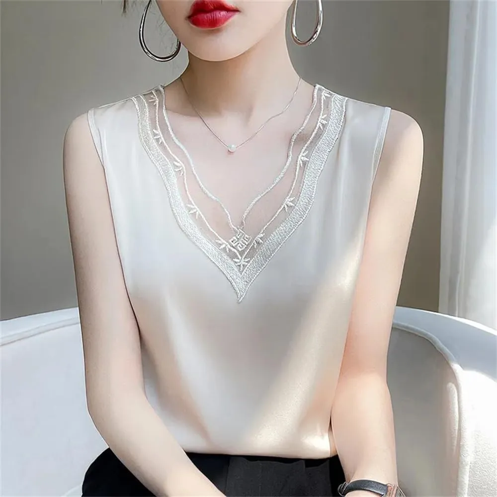 Women's Silk Sling Vest Loose Summer Bottoming Satin Camisole Lace V-Neck Sleeveless Top