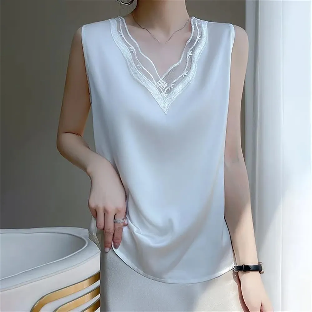 Women's Silk Sling Vest Loose Summer Bottoming Satin Camisole Lace V-Neck Sleeveless Top