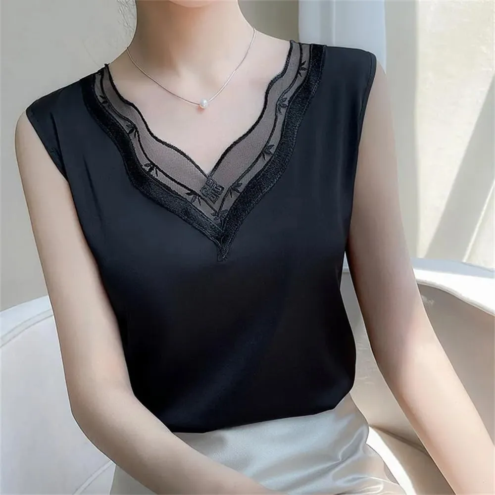 Women's Silk Sling Vest Loose Summer Bottoming Satin Camisole Lace V-Neck Sleeveless Top