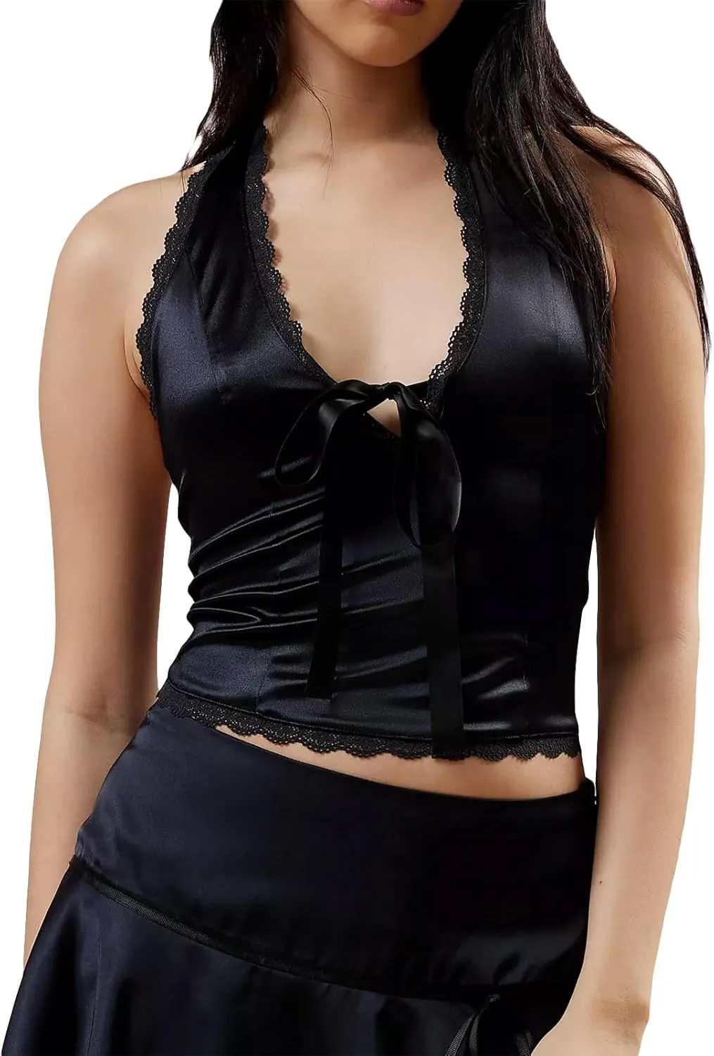 Women's Sleeveless Satin Tank Top Backless Tie Back Halter Blouse Lace Trim Front Bowknot V-Neck Crop Camisole