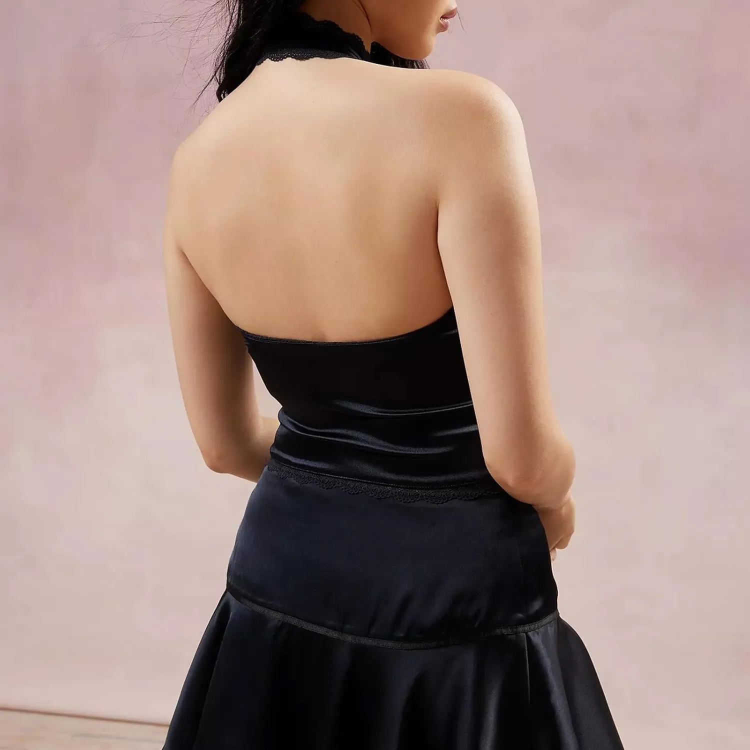 Women's Sleeveless Satin Tank Top Backless Tie Back Halter Blouse Lace Trim Front Bowknot V-Neck Crop Camisole