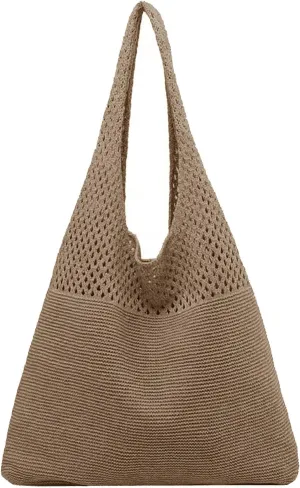 Women's Spring/Summer Portable Retro Hollow Knitted Handheld One Shoulder Vest Bag Women Shoulder Bags (Brown, One Size)