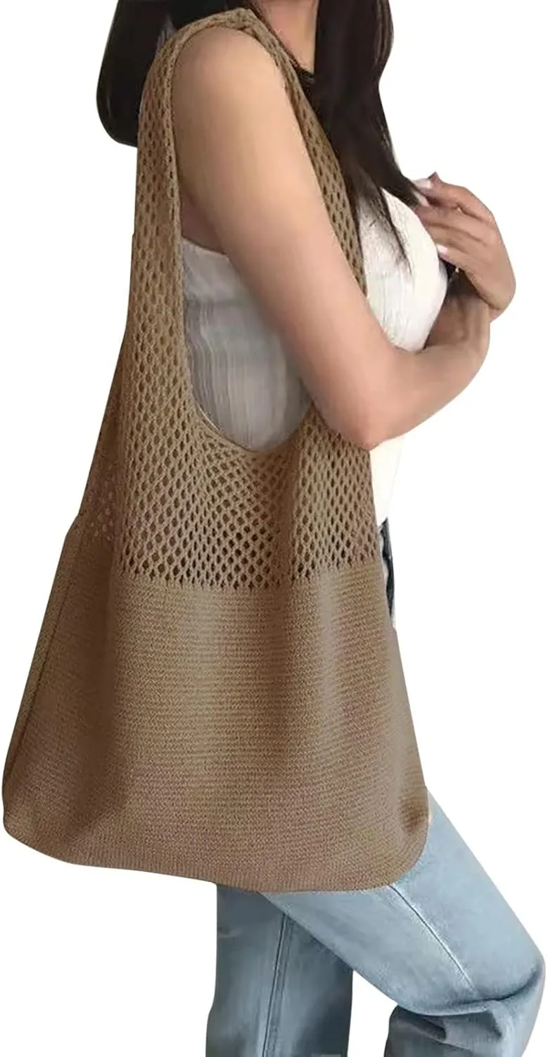 Women's Spring/Summer Portable Retro Hollow Knitted Handheld One Shoulder Vest Bag Women Shoulder Bags (Brown, One Size)