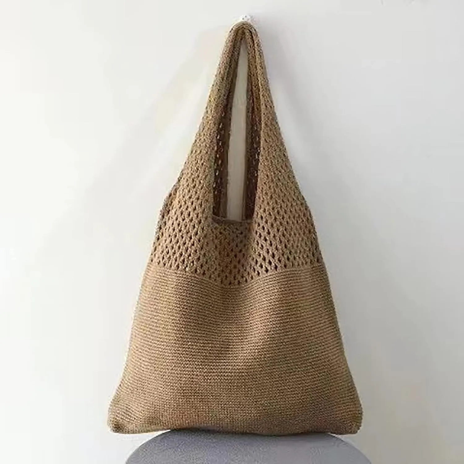 Women's Spring/Summer Portable Retro Hollow Knitted Handheld One Shoulder Vest Bag Women Shoulder Bags (Brown, One Size)