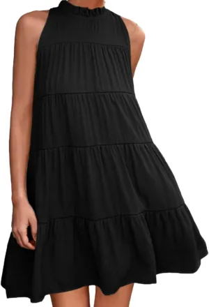 Womens Summer Dresses 2025 Casual Halter Sundress Sleeveless Flowy Mini Babydoll Tiered Pleated Beach Dress