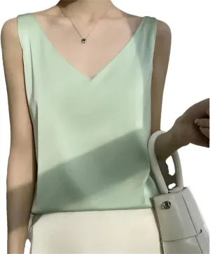 Women's Summer Ice Silk Camisole V-Neck Tops Satin Camis Crop Top Solid Blouse Vest Grass EN8 M