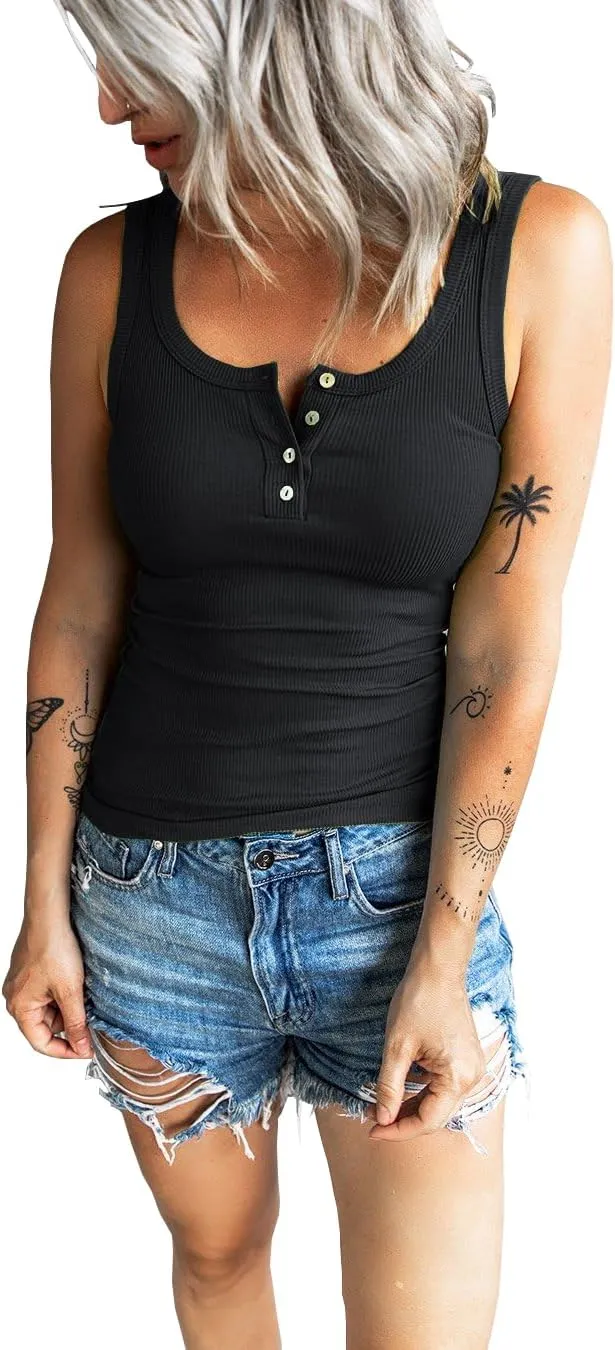 Women's Tank Tops Summer Casual Sleeveless Ribbed Button Down T Shirts Slim Fit Basic Henley Tops