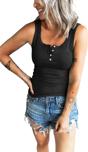Women's Tank Tops Summer Casual Sleeveless Ribbed Button Down T Shirts Slim Fit Basic Henley Tops
