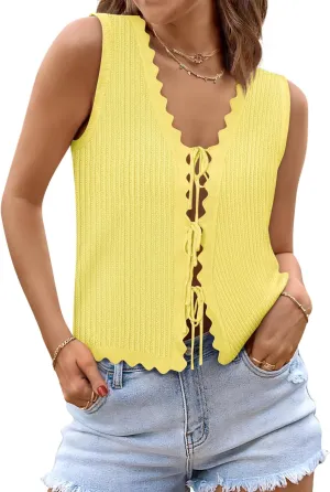 Womens Tie Front Tops Trendy 2025 Summer V Neck Sleeveless Sweater Vests Fashion Cute Crochet Knit Tops