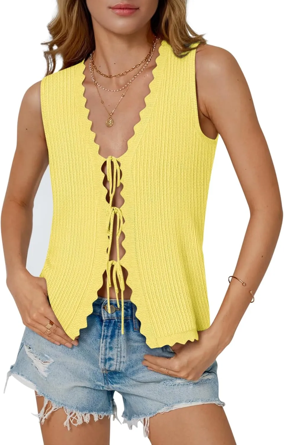 Womens Tie Front Tops Trendy 2025 Summer V Neck Sleeveless Sweater Vests Fashion Cute Crochet Knit Tops