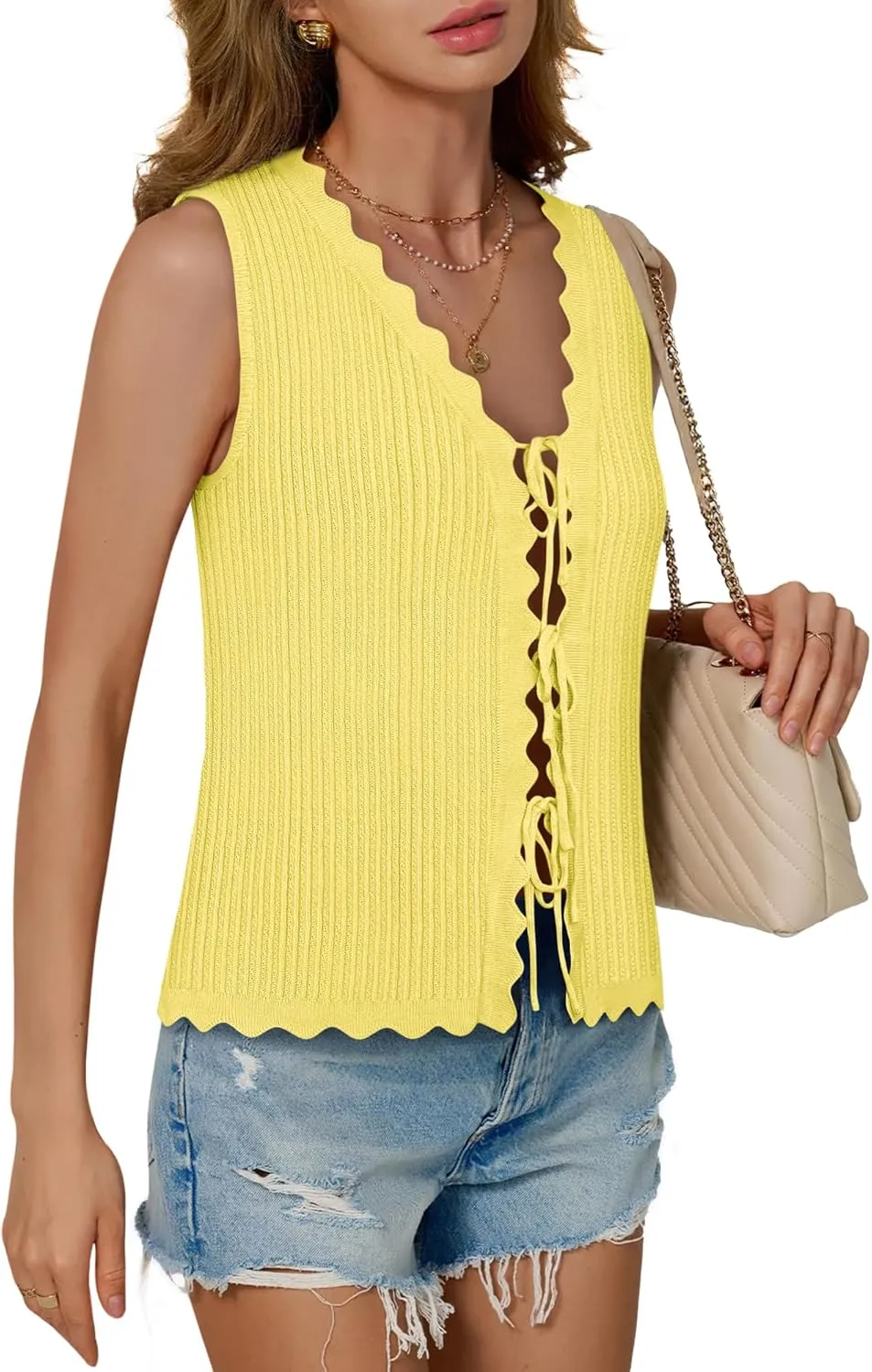 Womens Tie Front Tops Trendy 2025 Summer V Neck Sleeveless Sweater Vests Fashion Cute Crochet Knit Tops