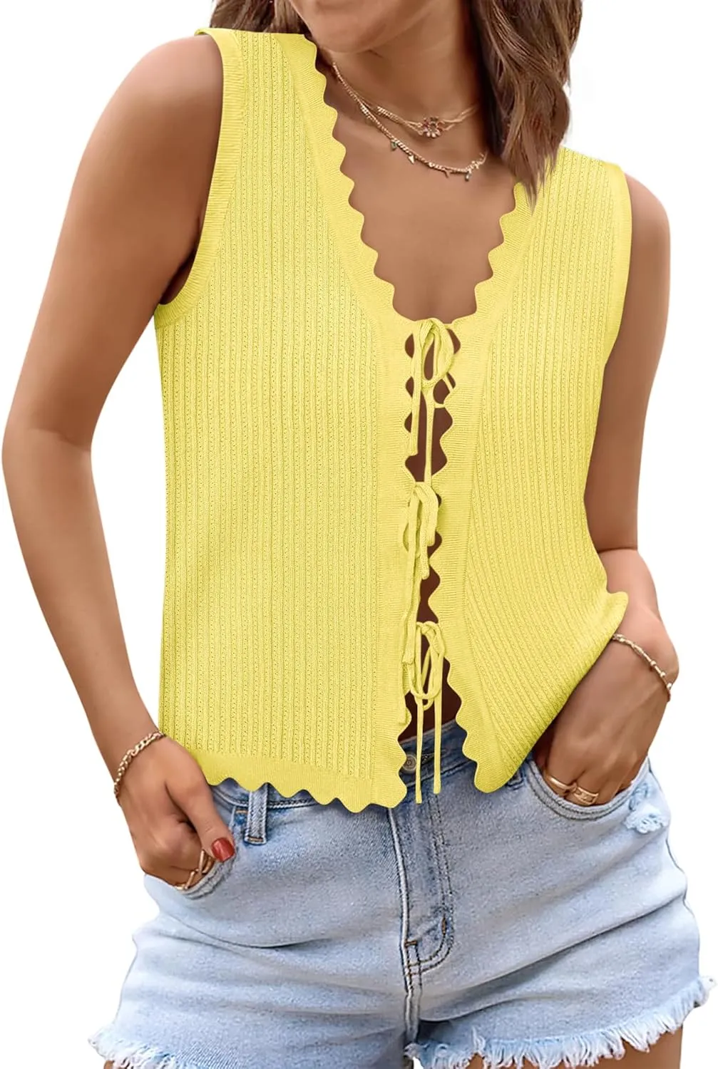 Womens Tie Front Tops Trendy 2025 Summer V Neck Sleeveless Sweater Vests Fashion Cute Crochet Knit Tops
