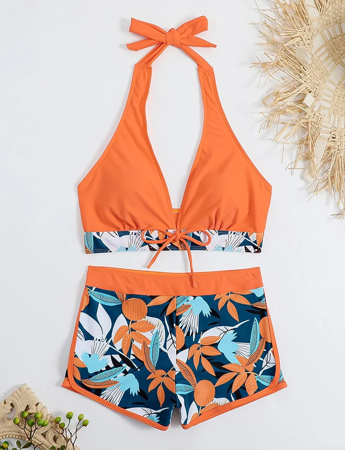 Women's Two Piece Halter Swimsuit V Neck Push Up Bikini Set Swimwear with Boyshorts Swimwear for Swimming Pool