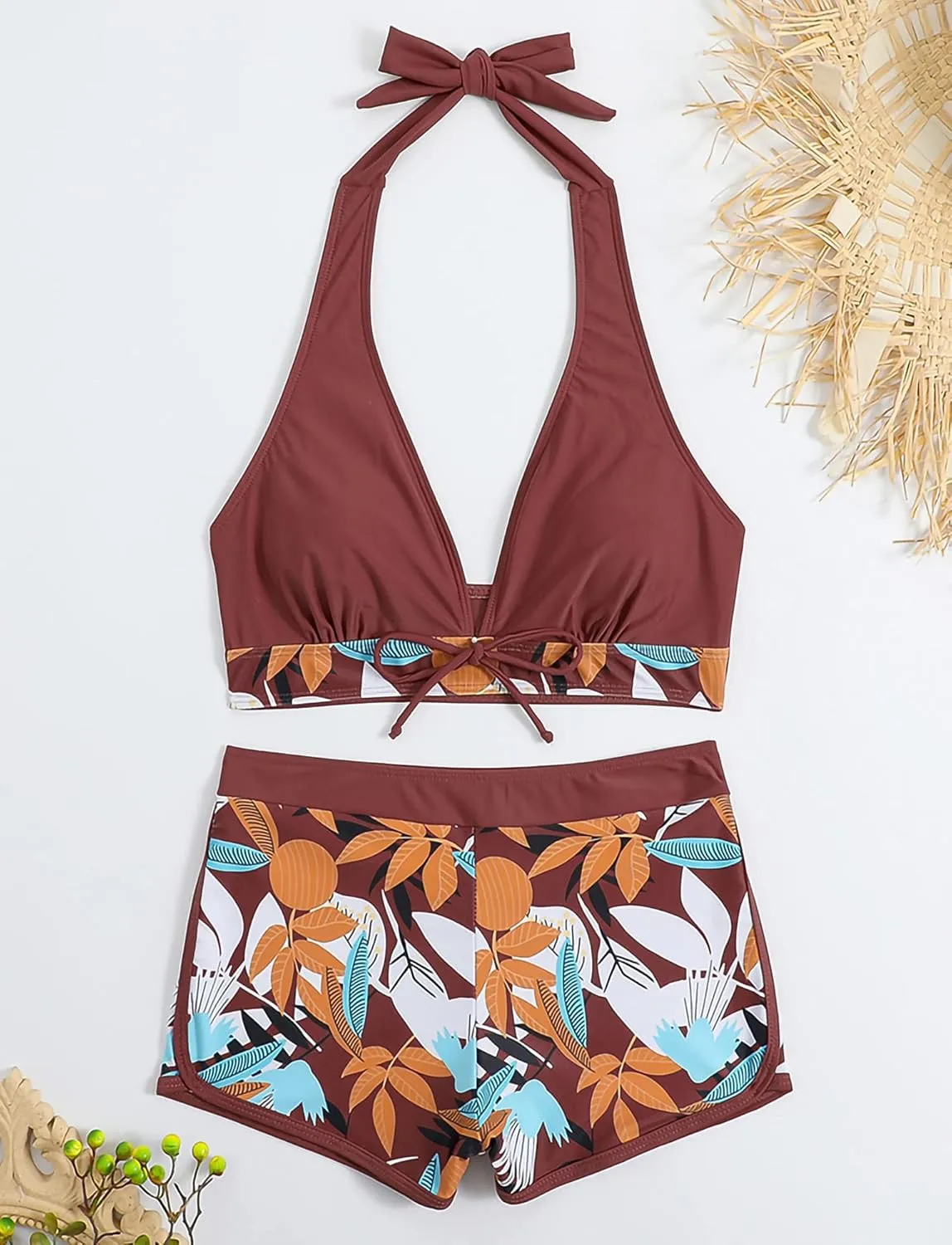 Women's Two Piece Halter Swimsuit V Neck Push Up Bikini Set Swimwear with Boyshorts Swimwear for Swimming Pool
