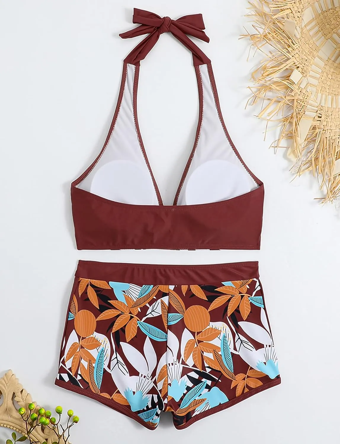 Women's Two Piece Halter Swimsuit V Neck Push Up Bikini Set Swimwear with Boyshorts Swimwear for Swimming Pool