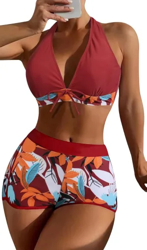 Women's Two Piece Halter Swimsuit V Neck Push Up Bikini Set Swimwear with Boyshorts Swimwear for Swimming Pool