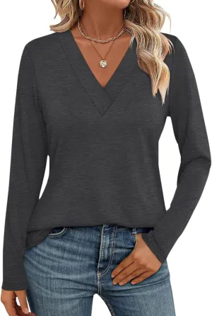 Womens V Neck Long Sleeve Shirts Dressy Casual Fall Tops Trendy Loose Tunic Tops Blouse