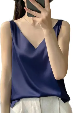 Women's V-Neck Tops Satin Camis Ice Silk Camisole Basic Sleeveless Shirts