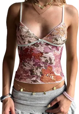 Womens y2k Floral Cami Tops Spaghetti Strap Deep V-Neck Mesh Crop Camisole Going Out Tops Party Club Streetwear