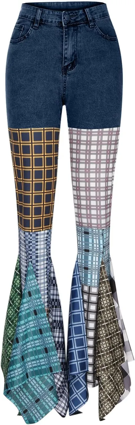 Womens Y2K Harajuku Hippie High Waist Patchwork Flare Jeans Plaid Bell Bottom Ruffle Hem Denim Long Pants Trousers