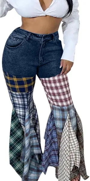 Womens Y2K Harajuku Hippie High Waist Patchwork Flare Jeans Plaid Bell Bottom Ruffle Hem Denim Long Pants Trousers