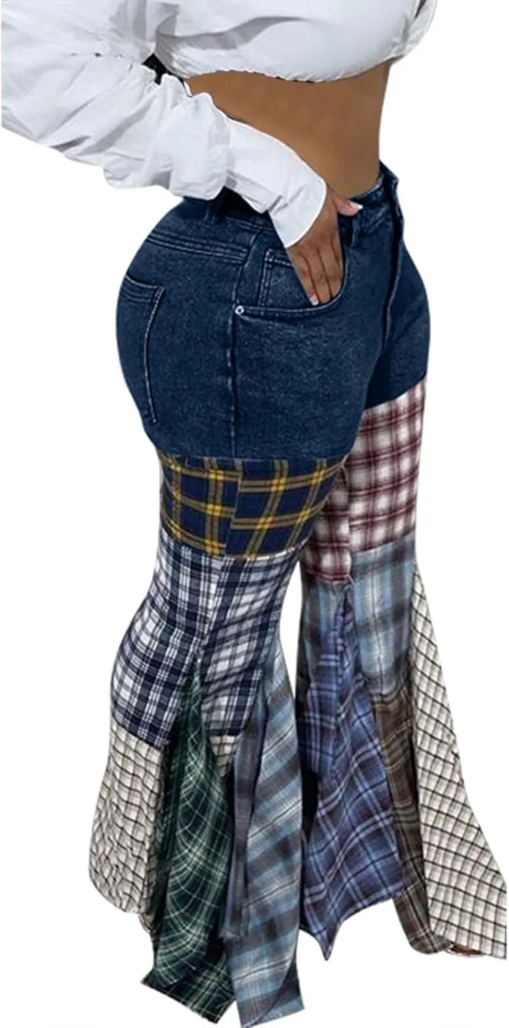 Womens Y2K Harajuku Hippie High Waist Patchwork Flare Jeans Plaid Bell Bottom Ruffle Hem Denim Long Pants Trousers