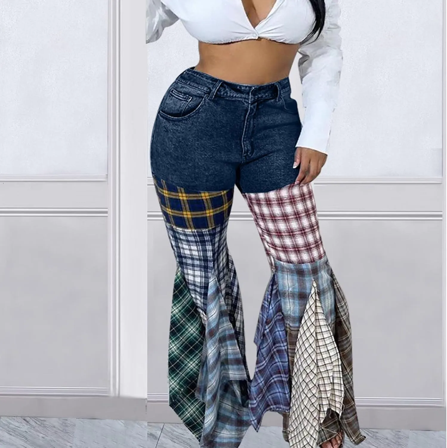 Womens Y2K Harajuku Hippie High Waist Patchwork Flare Jeans Plaid Bell Bottom Ruffle Hem Denim Long Pants Trousers