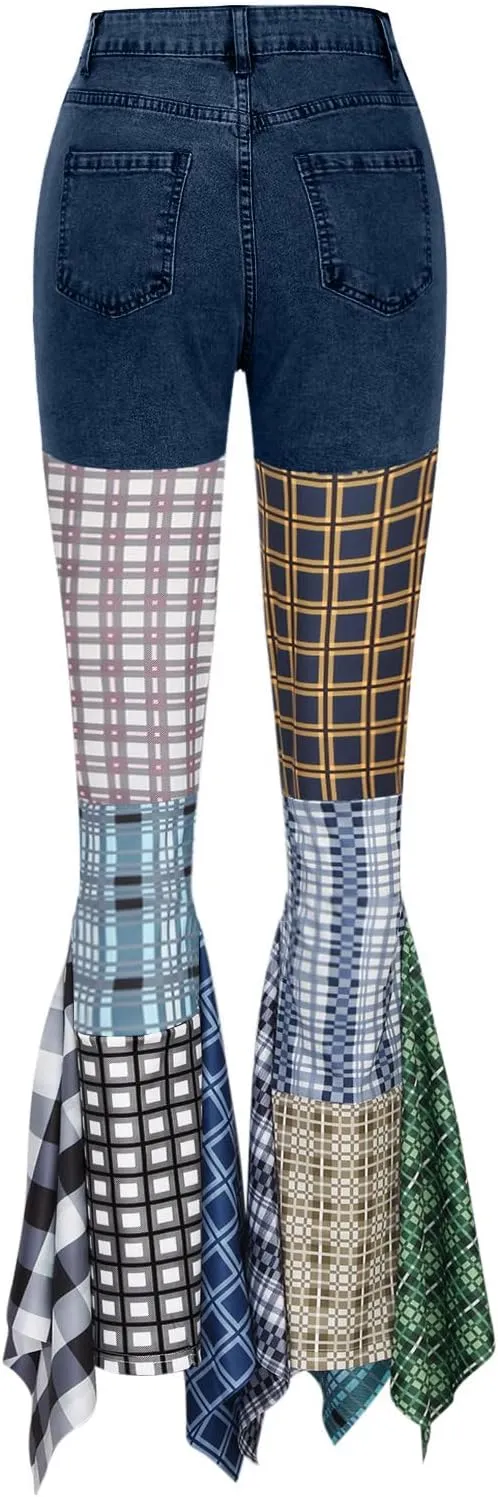 Womens Y2K Harajuku Hippie High Waist Patchwork Flare Jeans Plaid Bell Bottom Ruffle Hem Denim Long Pants Trousers