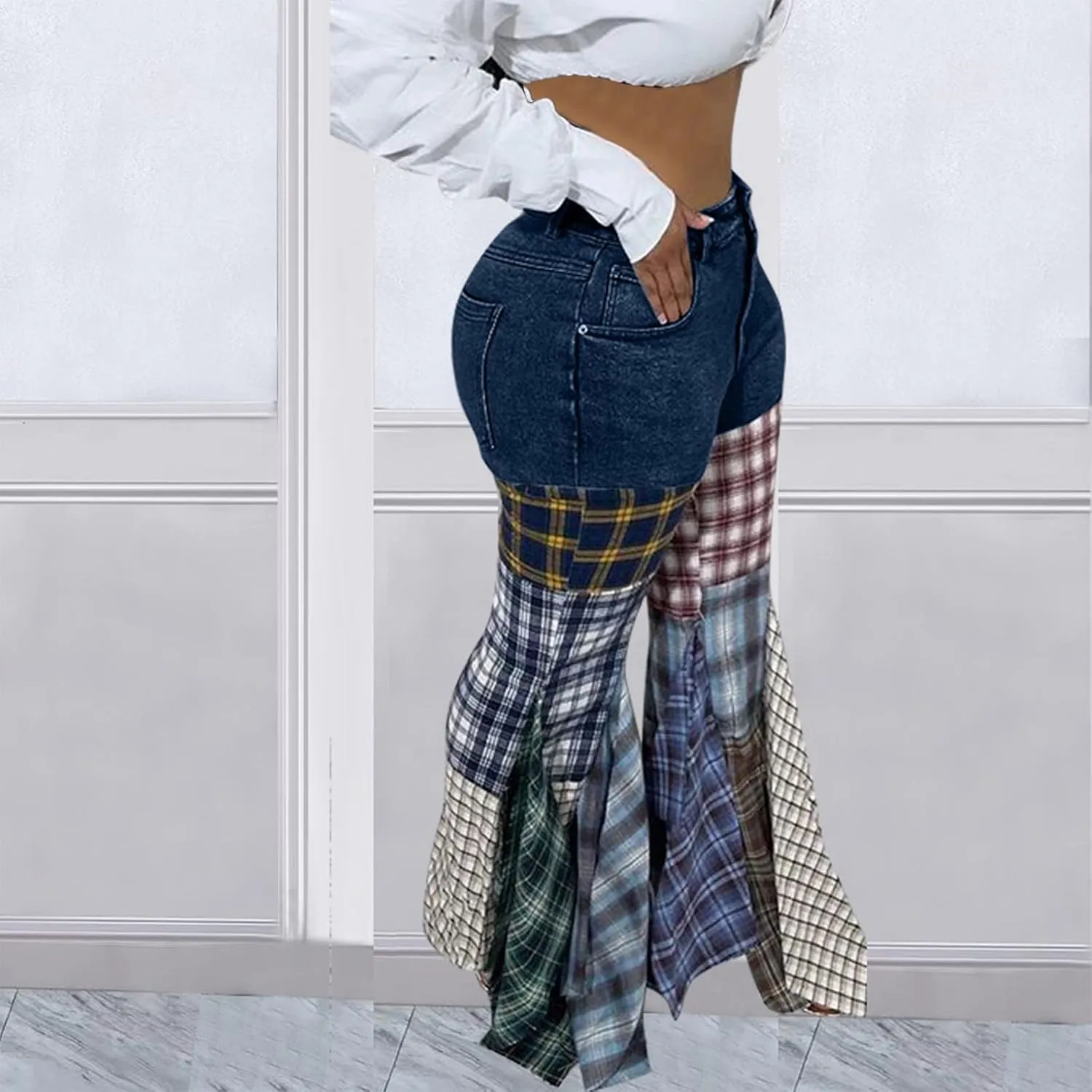 Womens Y2K Harajuku Hippie High Waist Patchwork Flare Jeans Plaid Bell Bottom Ruffle Hem Denim Long Pants Trousers