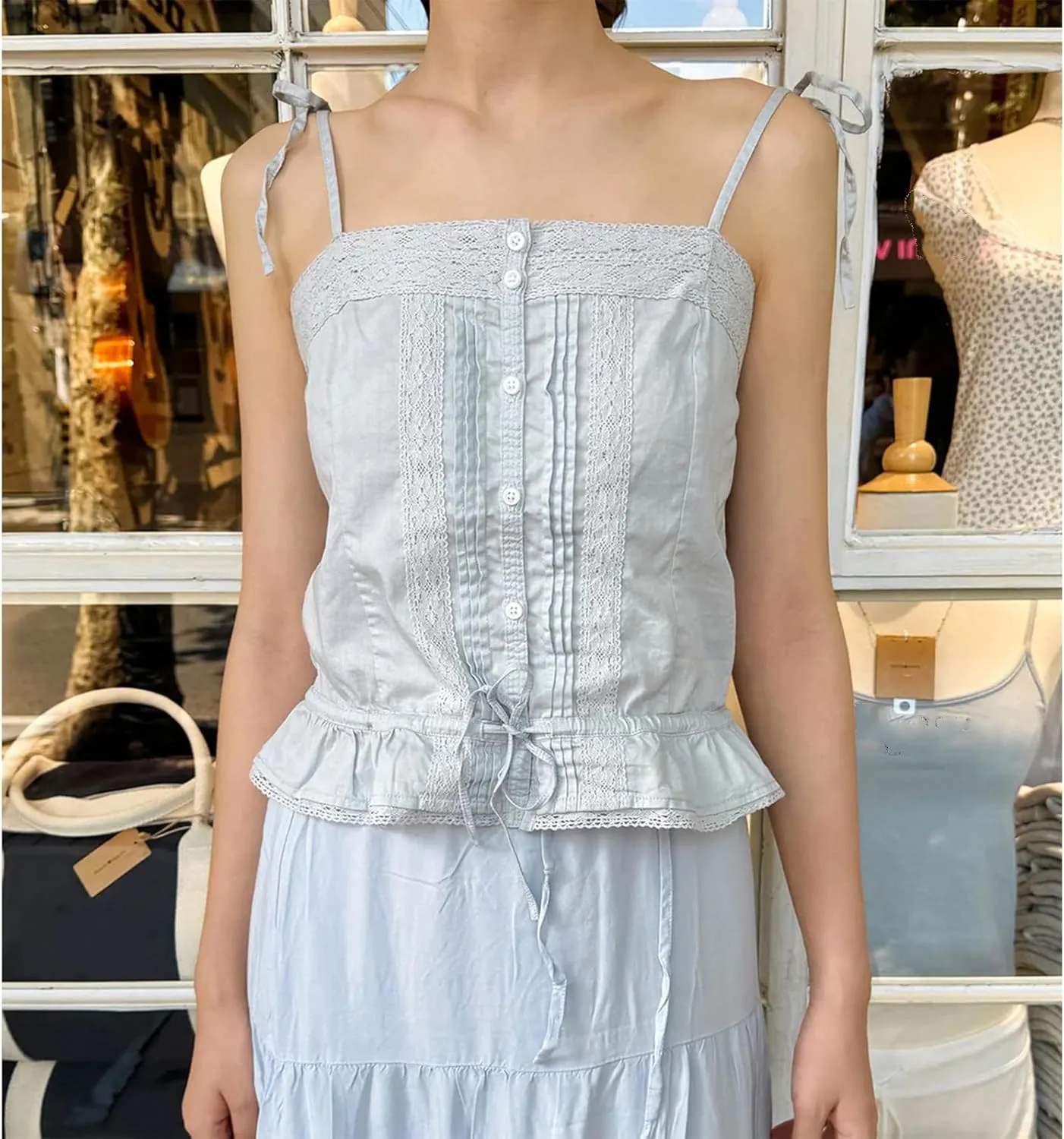 Womens Y2k Lace Trim Tank Top Boho Tie Front Camisole Sleeveless Slim Fitted Cami Going Out Shirts