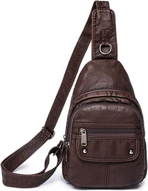Womens's Vintage Sling Bag for Women Leather Chest Bags Crossbody Daypack Purse Shoulder Backpack Satchel Bag, Dark Brown