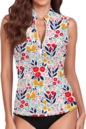 WOWENY Women's Rash Guard Buit-in Bra Tankini Swimsuit Tops Sleeveless Swim Shirts Bathing Suit No Bottoms