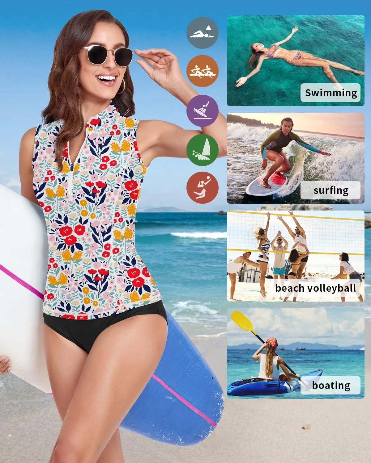WOWENY Women's Rash Guard Buit-in Bra Tankini Swimsuit Tops Sleeveless Swim Shirts Bathing Suit No Bottoms