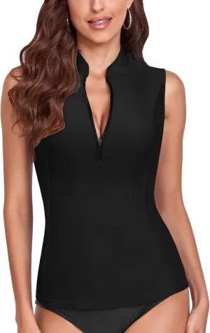 WOWENY Women's Rash Guard Zipper Tankini Swim Tops Sleeveless Swim Shirts Bathing Suit Swimsuit Tank Tops(Black,M)