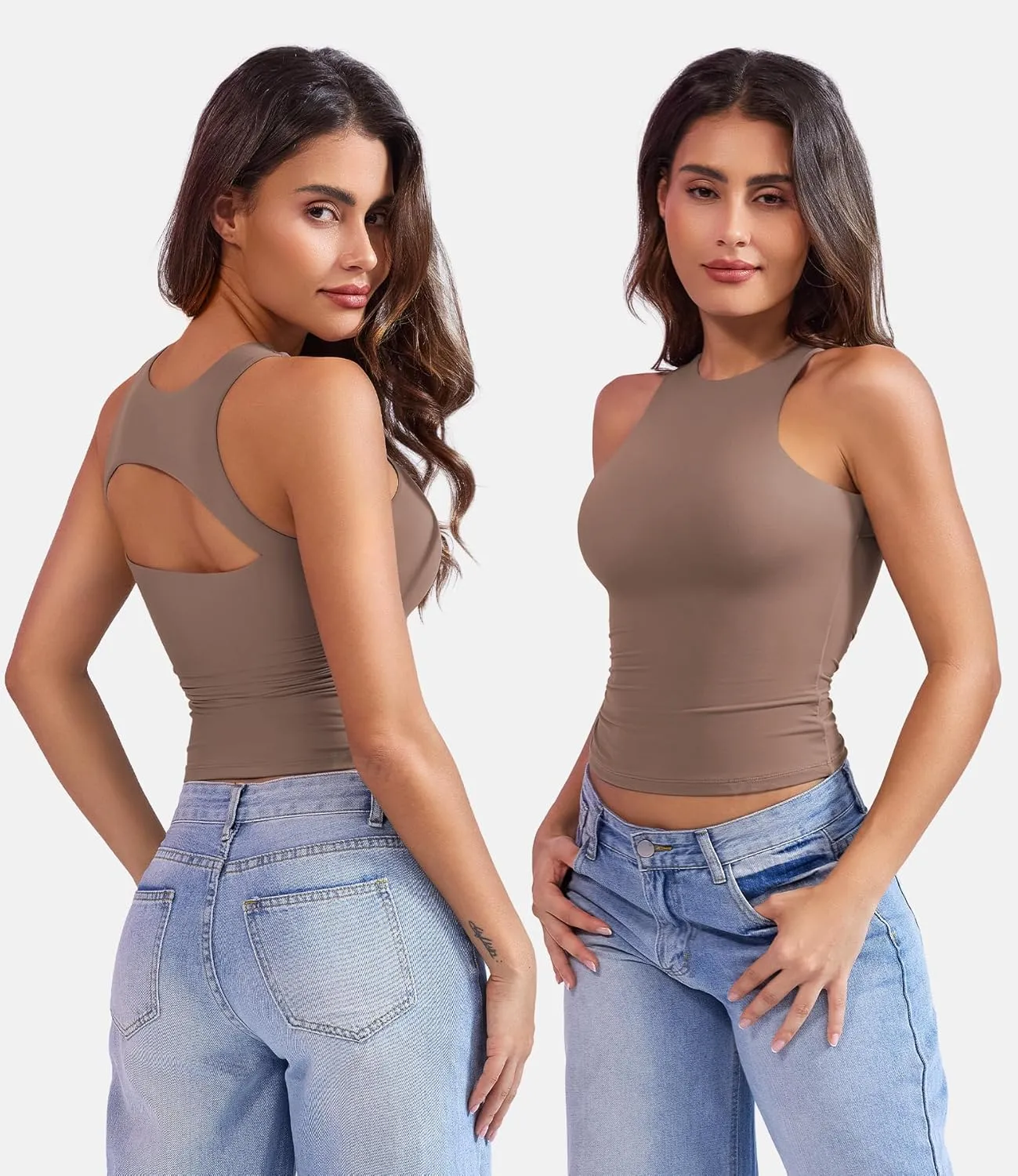 YEOREO Double Lined Tank Tops for Women High Neck Basic Y2K Going Out Tops Breynne Open Back Workout Yoga Crop Top