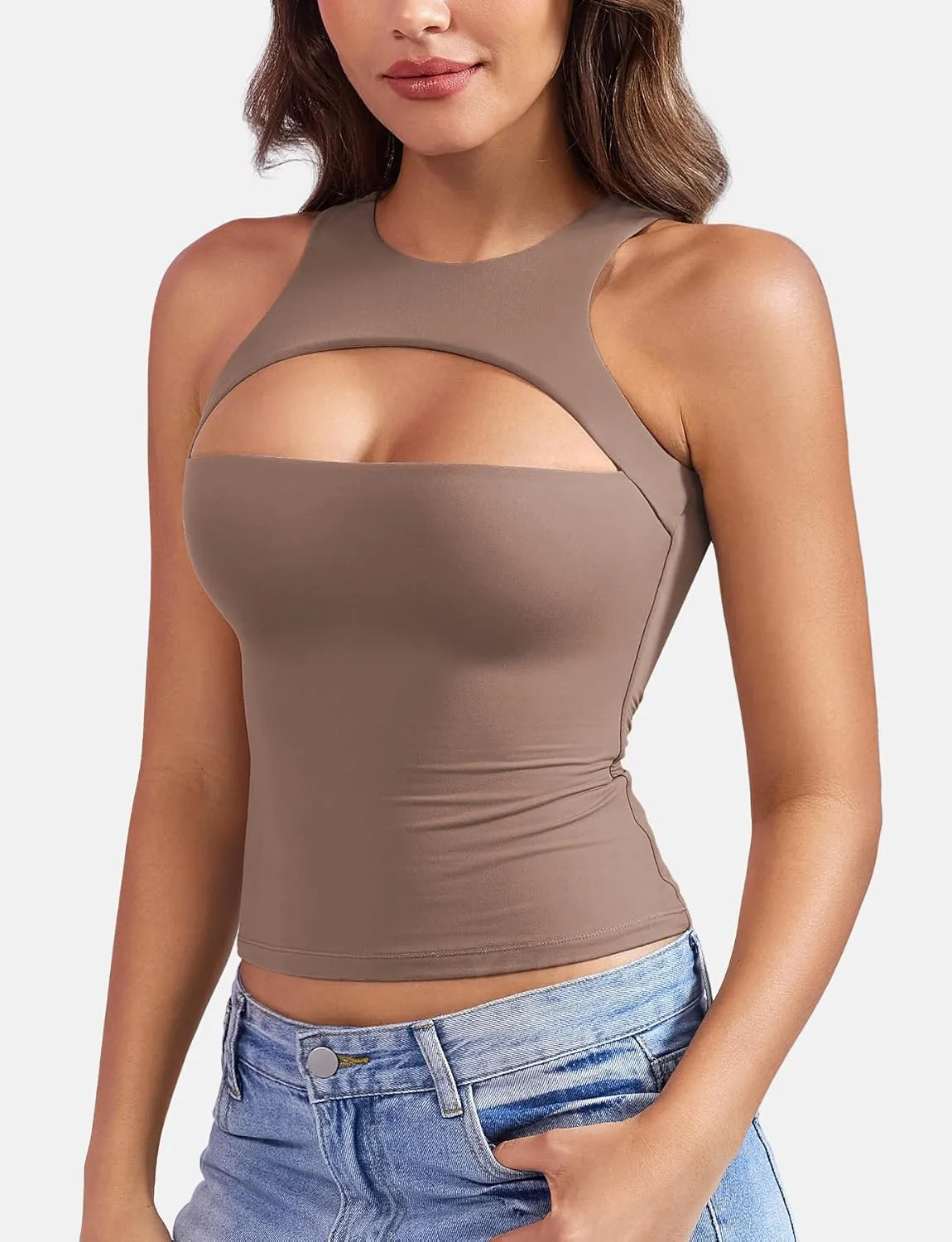 YEOREO Double Lined Tank Tops for Women High Neck Basic Y2K Going Out Tops Breynne Open Back Workout Yoga Crop Top