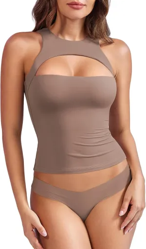 YEOREO Double Lined Tank Tops for Women High Neck Basic Y2K Going Out Tops Breynne Open Back Workout Yoga Crop Top