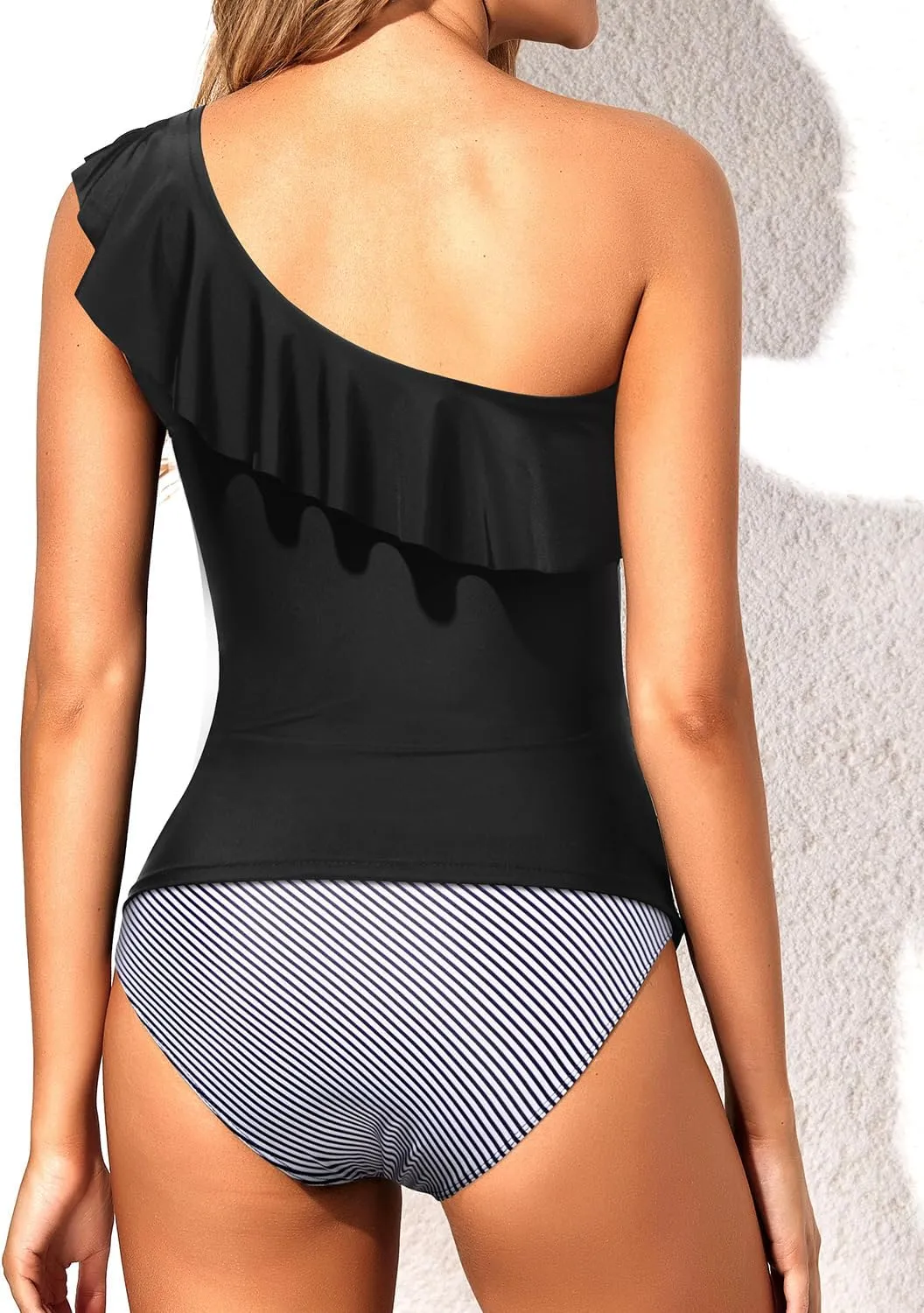 Yonique Women's Two Piece Swimsuits One Shoulder Tankini Tummy Control Bathing Suits Ruffle Swimwear