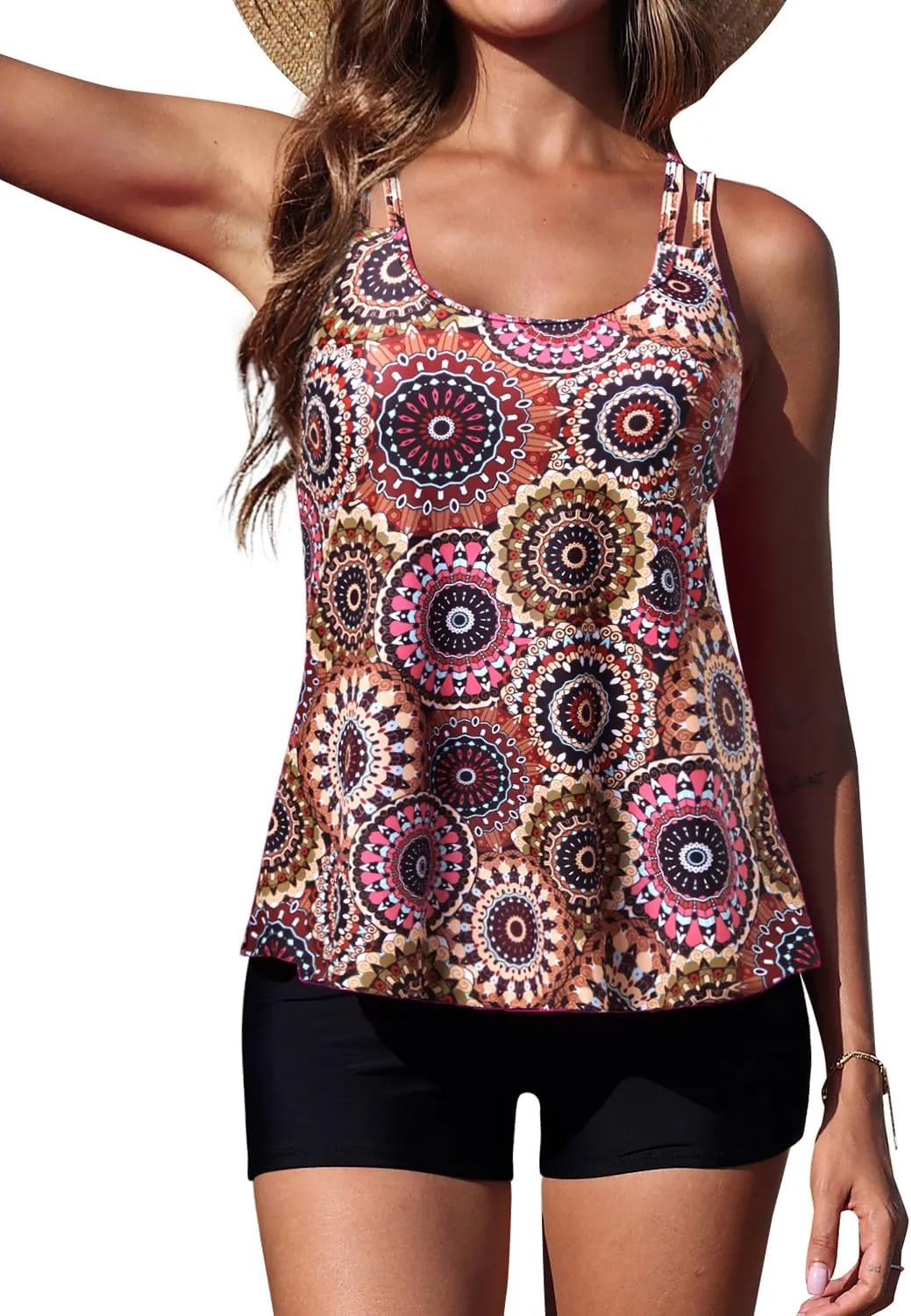 Yonique Womens Two Piece Swimsuits Tankini Top with Boy Shorts Tummy Control Bathing Suits Athletic Swimwear
